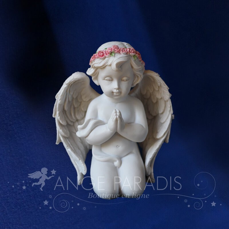 PETITE STATUETTE ANGE PRIANT AUREOLE ROSE